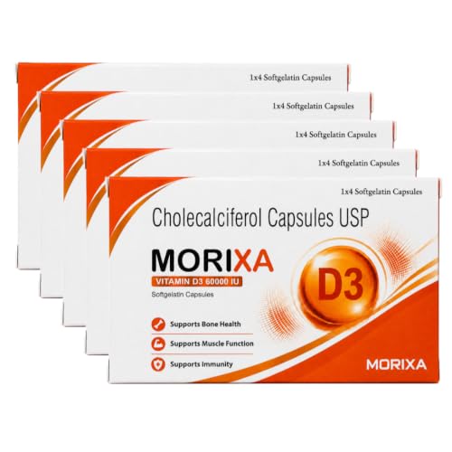 Image of MORIXA D3 Capsule 60000 IU Vitamin D3 Cholecalciferol Softgel Capsules, Pack of 5 Strips (20 Capsules)