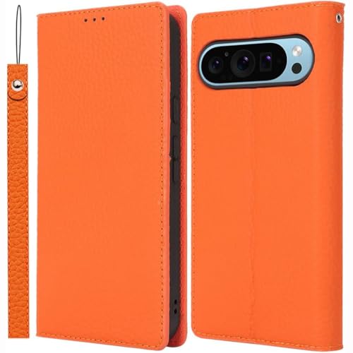 Étui portefeuille Pixel 10 Pro orange cuir véritable antichoc