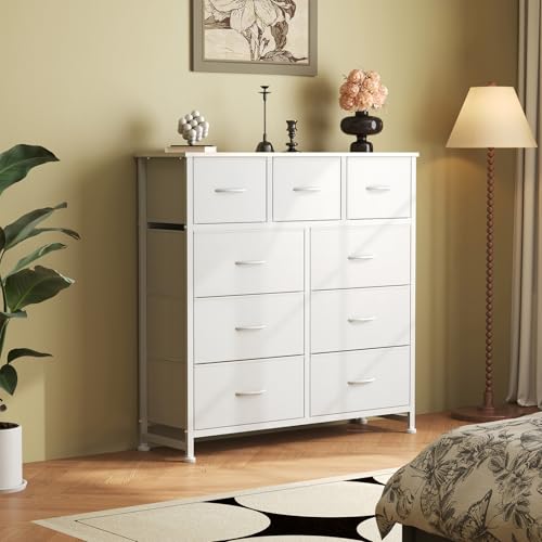 DUMOS Dresser for Bedroom, Storage Organizer with 9 Drawers, Chest of Drawers with Fabric Bins, Sturdy Metal Frame, Wood Tabletop for Guest Room, Closet, Entryway, White