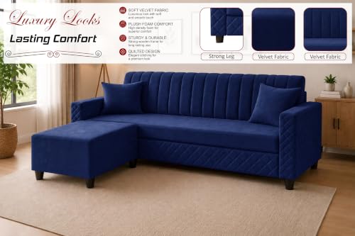 Image of 3 Seater Velvet Sofa with Ottoman | Modern Upholstered Couch | Quilted Design | Soft Comfortable Seating | Sturdy Wooden Frame | Living Room, Office - Blue