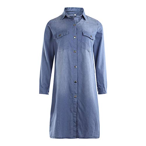 Yingzhen Women Denim Shirt Dresses Long Sleeve Distressed Denim Dress Button Down V Neck Casual Tunic Tops (Blue, L)