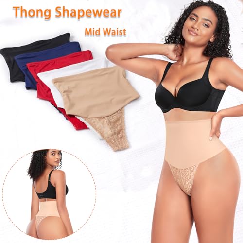Werena Tummy Control Thong Shapewear for Women Mid High Waisted Body Shaper Underwear Lace Shaping Thong Girdle Panties2