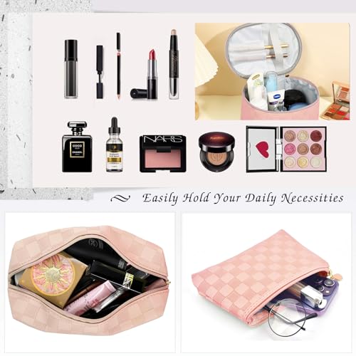 Checkered Makeup Bag 4 Pcs Waterproof Cosmetic Bag Set Portable Travel Cosmetic Bag Multifunction Organizer Storage Bag Toiletry Bag forWomen and Girls (PINK)4