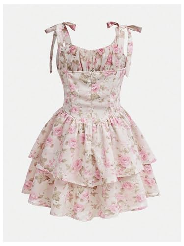 MakeMeChic Girl's Floral Print Ruched Ruffle Tiered Tie Shoulder A Line Summer Mini Dress2