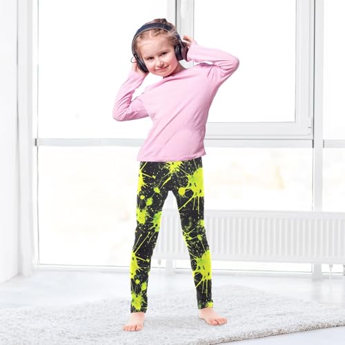 Neon Green Paint Splatters Girls Leggings Ultra Soft Compression Yoga Gym Pants for Kids 4-10T4