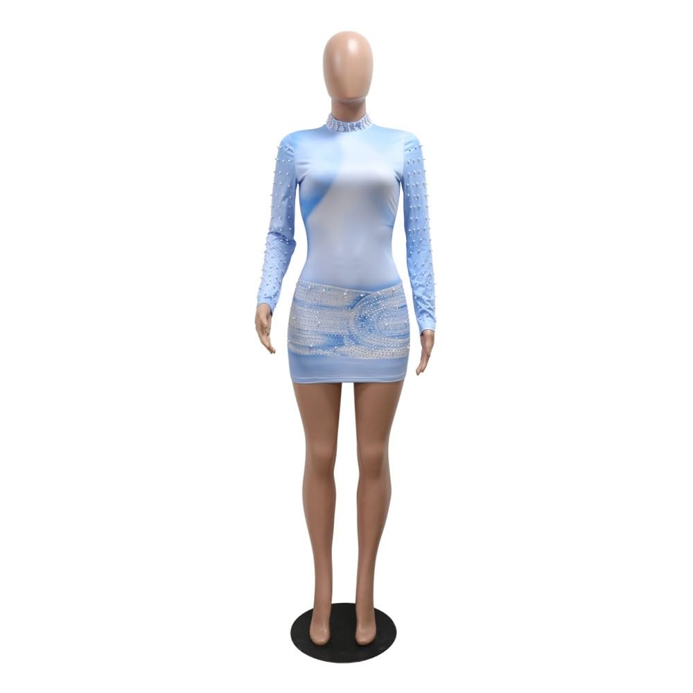 Vestito A Tubino Aderente Stampato alla Moda da Donna, Sexy, Piccolo Dolcevita, Maniche Lunghe, Perle Impreziosite, Mini Abiti Attillati