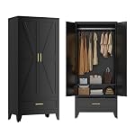 Metal Wardrobe Cabinet with Hanging Rod and Storage Drawer, 71" Tall Steel Bedroom Armoires with 2 Door and Adjustable Shelf, Farmhouse Closet Storage Cabinets