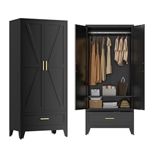 Metal Wardrobe Cabinet with Hanging Rod and Storage Drawer, 71″ Tall Steel Bedroom Armoires with 2 Door and Adjustable Shelf, Farmhouse Closet Storage Cabinets