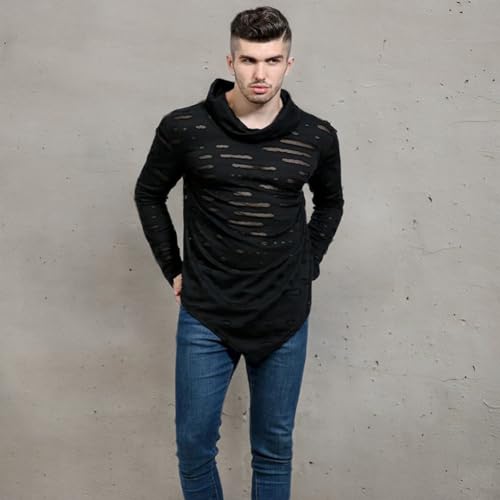 COTTORY Men's Pure Colour Hipster Hiphop Thumb Hole Design Hem Heaps Collar Long Sleeve T-Shirt3