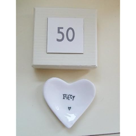 East of India 'Fifty' White Porcelain Heart Dish Gift - 50th Birthday Gift Cover