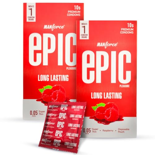 Image of Manforce Epic Pleasure Long Lasting Premium Condoms for Men, Super Thin, Raspberry Flavour, Disposable Pouch (10 Counts) (Pack of 2)