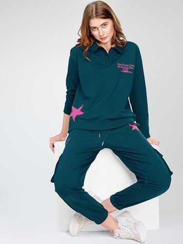 Image of ZEYO Women's Cotton Track Suit Star & Typography Printed Sweatshirt Co-ords Set 5826