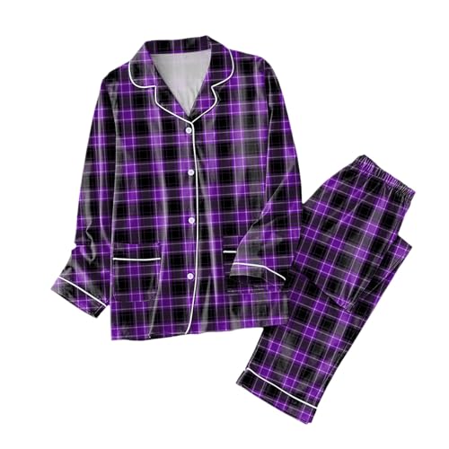 Pyjama 2 pièces en coton pour femme avec chemise à carreaux col en V et pantalon