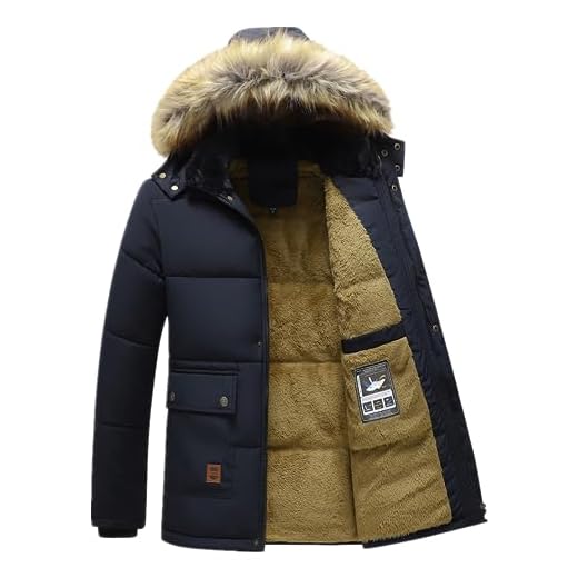 ANUFER Hommes Thermique Hiver Veste Parka Doublure épaisse en Peluche Coton Rembourré Manteau avec Capuche de Fourrure Détachable SD5A0831 Bleu Marine XL