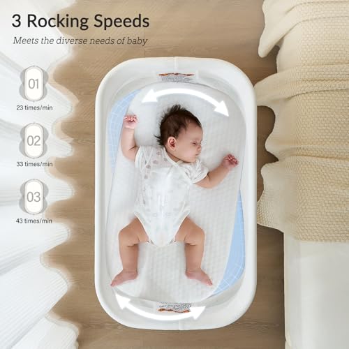 Image of VaVaSoo Automatic Rocking Bassinet for Newborn, 3-Speed Electric Baby Bassinet with White Noise & Lullabies, Portable Baby Bedside Sleeper with Battery Power, Brownish-Yellow