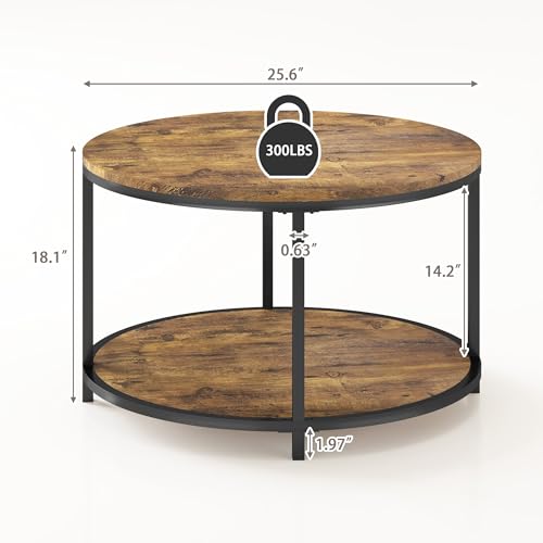 Image of NSdirect Round Coffee Table, 25.6 inch Small Coffee Table for Living Room,2-Tier Rustic Wood Desktop with Storage Shelf Modern Design Home Furniture(Brown)