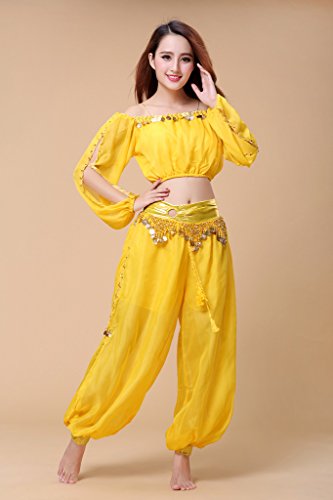 ZLTdream Calça de chiffon para dança da barriga e manga comprida com moedas de lanterna, Amarelo, On