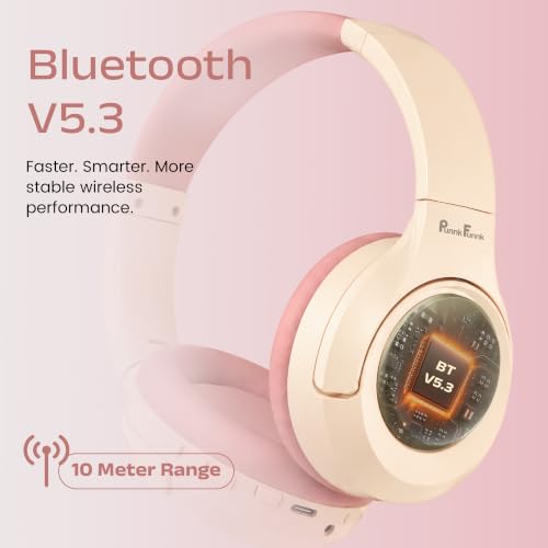 Image of PunnkFunnk BeatXtra Pro Wireless Bluetooth Headphones V5.3, Over-Ear Stereo Headset with 40mm Drivers, Noise Cancelling, Soft Cushioned Ear Cups, 10m Wireless Range, Teen & Adults (Pink)