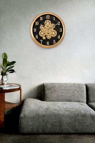 Image of Analog Moving Gear Wall Clock, Plastic Body, Rotating Gears, Battery Operated (Copper Black, Width: 40 Cm) 16 x16inch Diameter (Golden)