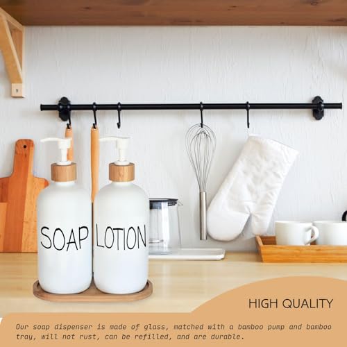 Image of White Soap Dispenser Bathroom Set, Set with Glass Dispenser, Bamboo Pumps & Tray. Hand and Lotion Suitable for Farmhouse Decor