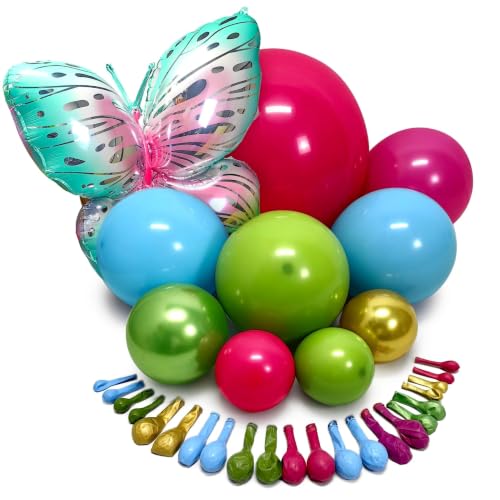 Image of Summer Balloon Arch Double Stuffed Latex Hot Pink Blue Green Gold Balloons with Pastel Butterfly Foil Balloon Garland for Tropical Flamingo Beach Hawaiian Luau Aloha Birthday Baby Shower Party Decor