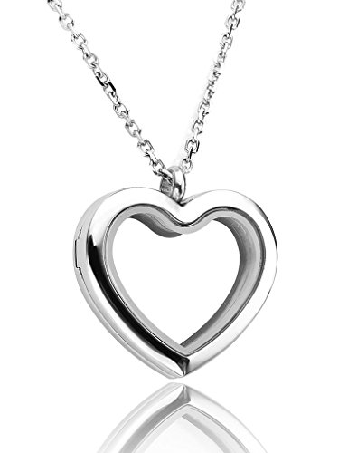 Zysta Schmuck Herren Damen 316L Edelstahl Glatt Floating Charms Sandstrahl Medaillon Memory Locket Anhänger Unisex Halskette mit 61cmKette(Herz)