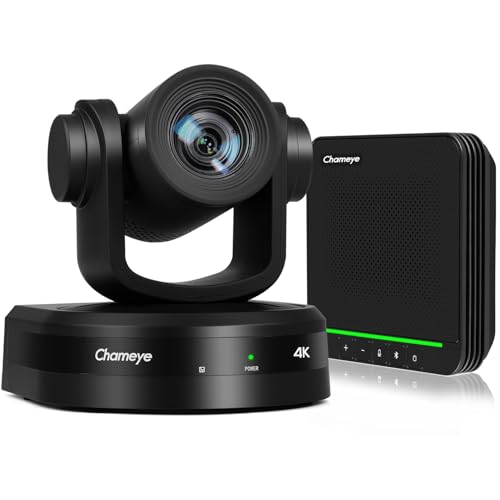 Chameye 4K Conference Room Camera and Microphone, AI Auto Tracking PTZ Camera 4K 20X Zoom, LAN HDMI USB3.0 Output and Bluetooth Conference Speakerphone for Large Meeting Room, CB201 Black