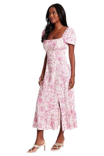 Image of London Times Womens Square Neck Smocked Back Linen Blend Flattering Versatile Spring Summer Garden Party