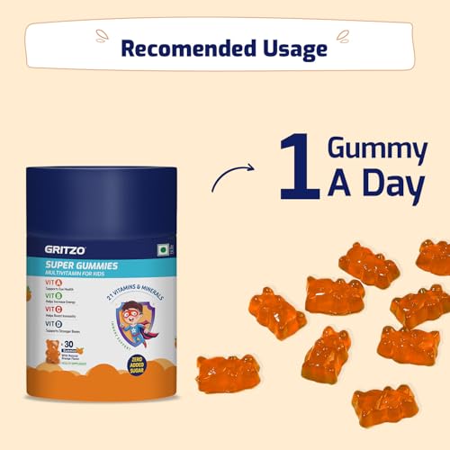 Image of Gritzo Super Gummies, Multivitamin for Kids (Natural Orange Flavour, 30 Gummies) | Zero Added Sugar, 21 Vitamins & Minerals | Pack of 2