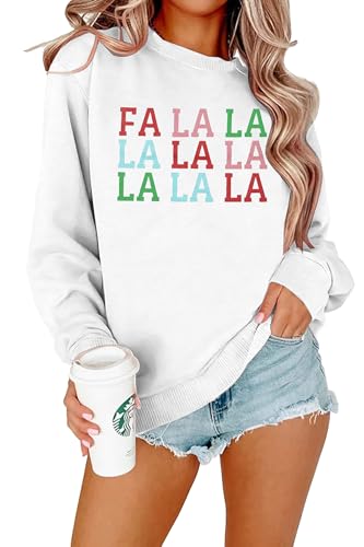 QLIPIN Christmas Sweatshirt Women Fa La La Christmas Sweatshirts Xmas Music Notes Pullover Funny Xmas Holiday Long Sleeve Top, White, Medium