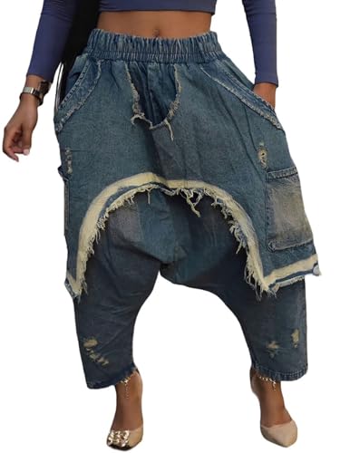KANSOON Baggy Jeans Women Distressed Denim Harem Pants Elastic Waist Loose Fit Cropped Y2K Streetwear Jeans with Pockets Blue XL