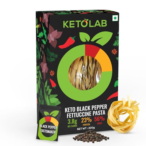 Ketolab Keto Pepper Fettuccine Pasta (Flat noodles), 200 Gms, 1 Pack, 3.8g Net Carb & 23% High Protein/Serving, Identical to Regular Pasta, Low Carb, High Fibre, Low GI, Keto Diet, Diabetic Friendly