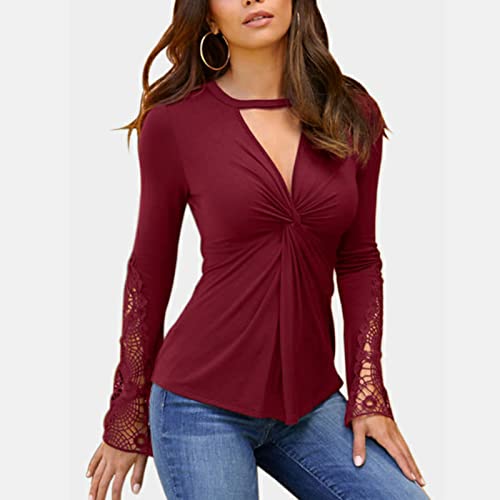 Túnica de Renda Com Decote Em V, Top Elegante de Manga de Renda Vazada para a Pele para Uso Diário F