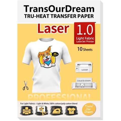 TransOurDream Tru-Transfer Paper for Laser Printer 10 Sheets A4 Iron on Transfers for Cotton Heat Transfer Paper for Light Fabric White T-Shirt Easy to Use DIY New Year Gifts Cover