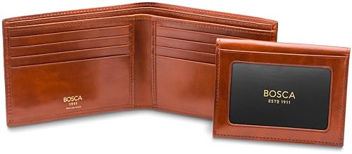 Image of Bosca Men's Italian Leather Bifold Wallet with Removable ID Passcase, RFID Blocking, 8 Card Slots, and Divided Currency Well - Made in Italy, Amber Tan