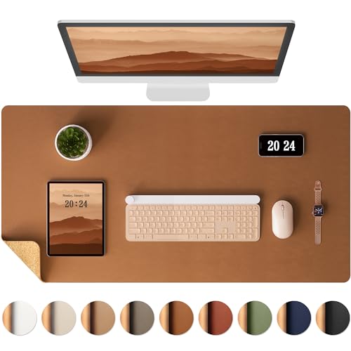 Aothia Double-Sided Desk Pad, 35.4' x 15.7'Leather Desk Mat, Eco Cork Desk Pad Protector,Large Mouse Pad,Waterproof Desk Blotter for Office/Home(Brown)