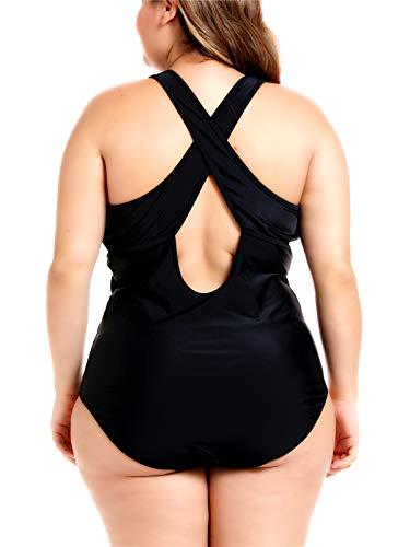 Flatterme Women's Sexy Plus Size Black One Piece Swimsuit,Plunge Neckline With Lace Up Detail Swimwear （034，All Black, 3Xl Us 20W #TOP1
