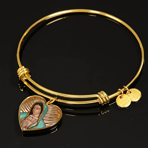 Mexicandoo Our Lady Of Guadalupe (Virgen De Guadalupe) Bracelet, Heart Pendant Adjustable Luxury Bangle In Stainless Steel (Gold Plated, Stainless Steel) #TOP5