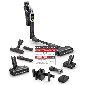 Bosch Akku-Staubsauger Unlimited 10 BKS1051GQC, kabellos, MicroClean Technology, TFT-Display, Staubkomprimierung, HEPA-Filtersystem, 10 J. Motorgarantie, 4 Ah Akku, LED-Licht, Schnellladegerät, grau