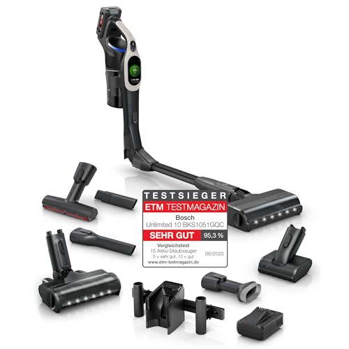 Bosch Akku-Staubsauger Unlimited 10 BKS1051GQC, kabellos, MicroClean Technology, TFT-Display, Staubkomprimierung, HEPA-Filtersystem, 10 J. Motorgarantie, 4 Ah Akku, LED-Licht, Schnellladegerät, grau