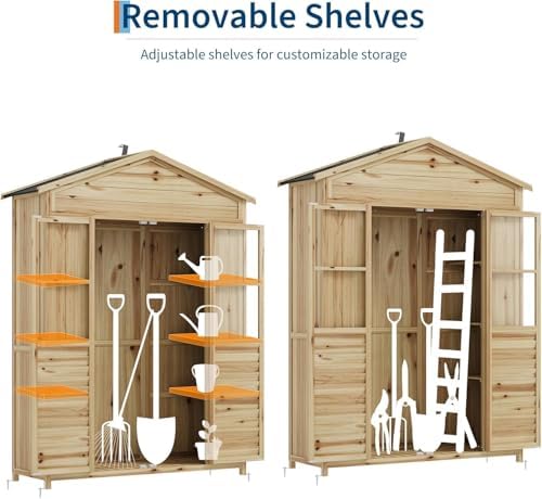 IDEALHOUSE Outdoor Storage Cabinet, Wooden Storage Shed with Weather-Resistant Roof, Garden Tools Shed with 6 Movable Shelves, Waterproof Roof, 4 Metal Brackets, 2 Anti-Falling Devices, Fir Wood - 1