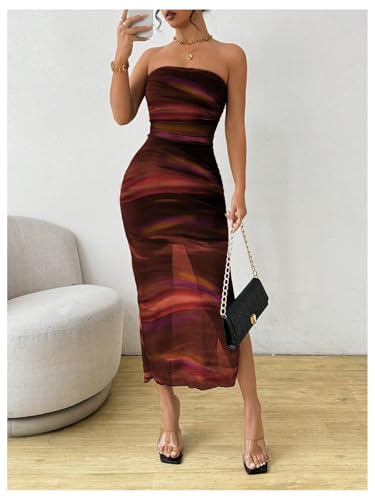 Image of Milumia Women's Tie Dye Strapless Maxi Dress Mesh Split Bodycon Vacation Long Tube Dresses