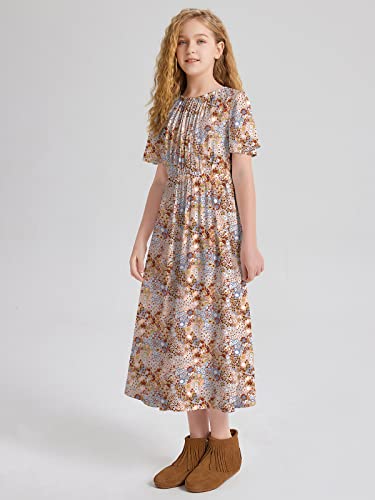 Girls Casual Butterfly Sleeve Elastic Crew Neck Floral Printed Solid Color High Waist Midi Belted Dress with Pocket3