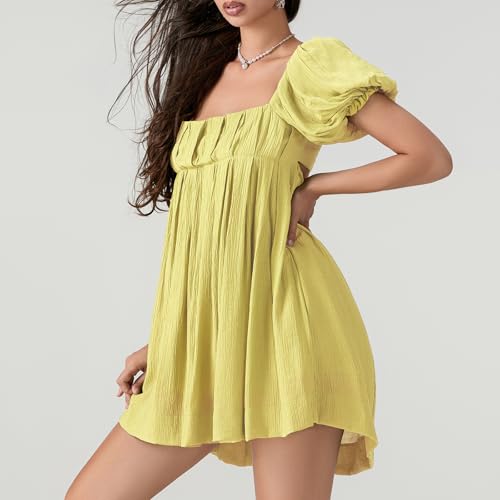 Image of Women Y2k Puff Sleeve Babydoll Dresses Square Neck Tie Back Mini Dress Summer Solid Off Shoulder Flowy Sundress