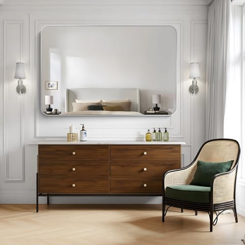 Image of KOCUUY Silver Bathroom Mirror, 60x40 Inch Large Bathroom Mirror for Over Sink, HD Tempered Glass, Anti-Rust Brushed Silver Frame, Rounded Corner Modern Design for Bathroom, Hang Horizontal /Vertical