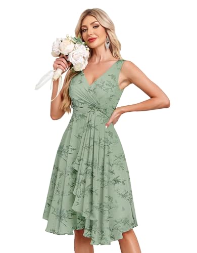 Image of Women's V Neck Short Bridesmaid Dresses 2025 Ruched Waist A Line Chiffon Formal Cocktail Party Dress