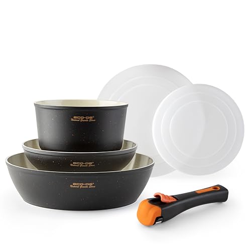 ECODE® Sartenes 20/24/28 cm con 2 Mango Extraible, Antiadherentes y Indicador de Temperatura Óptima - Aptas para Horno, Lavavajillas y Todas las Cocinas - Aluminio Fundido (cazo16cm + sarten20/26cm)