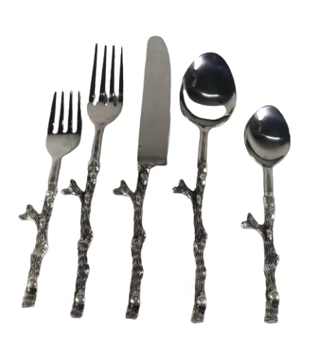 Cutlery Flatware Set of 5 PES Made of Brass Metal Embossed Handle with Silver Antiqued Finished and Head Made of Stainless Steel Metal with Shiny Mirror Polished.