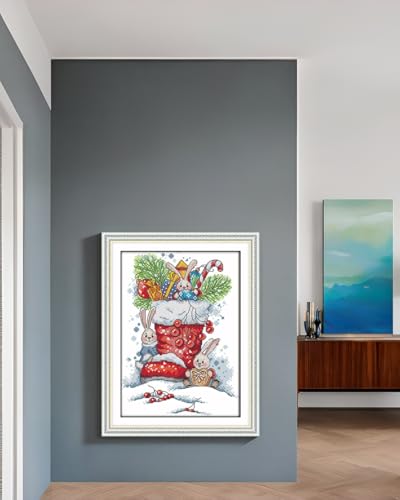 Image of CaptainCrafts Cross Stitch Kits Full Range Stamped Cross Stitch Preprinted 14CT Fabric DIY Art Needlecrafts Embroidery Kit for Adults Beginner (Stamped 14CT, Rabbit in The Christmas Boots) | Printed Fabric, Christmas Boots Cross Stitching, DIY Hand Embroidery, Relaxing Crafts, Home Decor