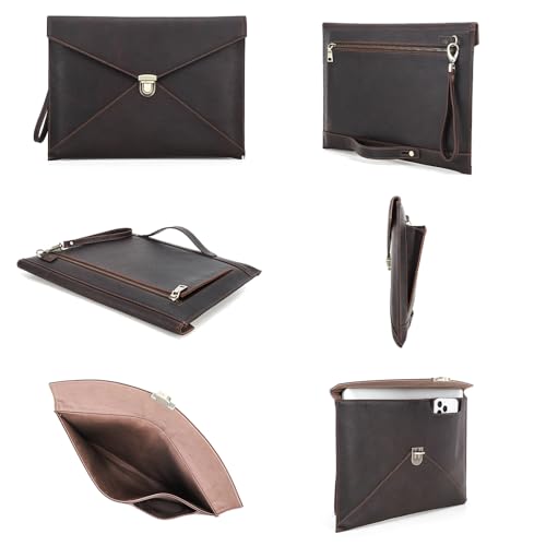Image of CONTACTS Full Grain Leather 14.2 inch Laptop Sleeve with Lock Slim Briefcase Laptop Case 14.6 inchx 10.6 inch Document Bag Mens Envelope Bag
